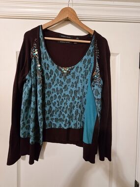 Michelle Nicole Burgundy And Teal Scoop Neck Knit Cardigan And Matching Tank Top